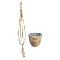 Rotin cache-pot Macrame 'Ballon Stripe' gris avec suspensions pour plantes